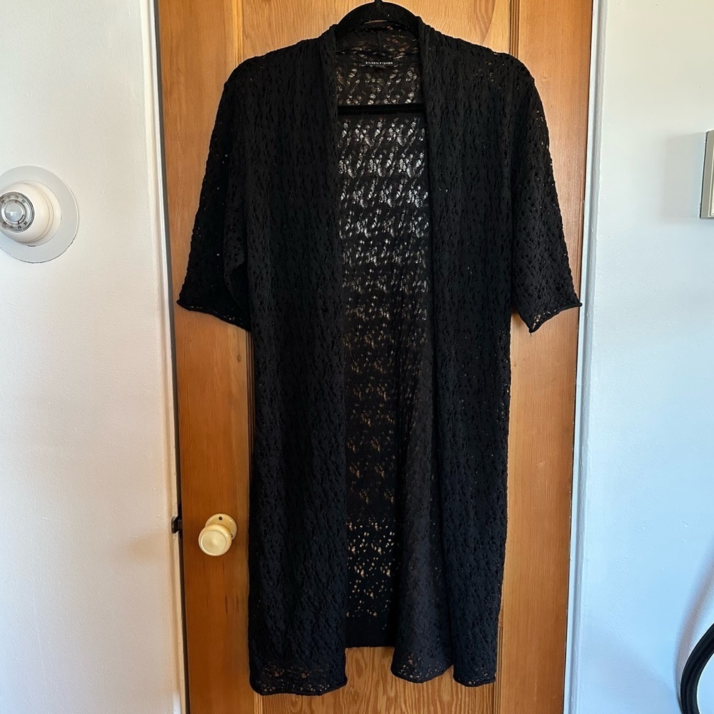 eileen fisher washable 100% wool short sleeve open knit long line cardigan